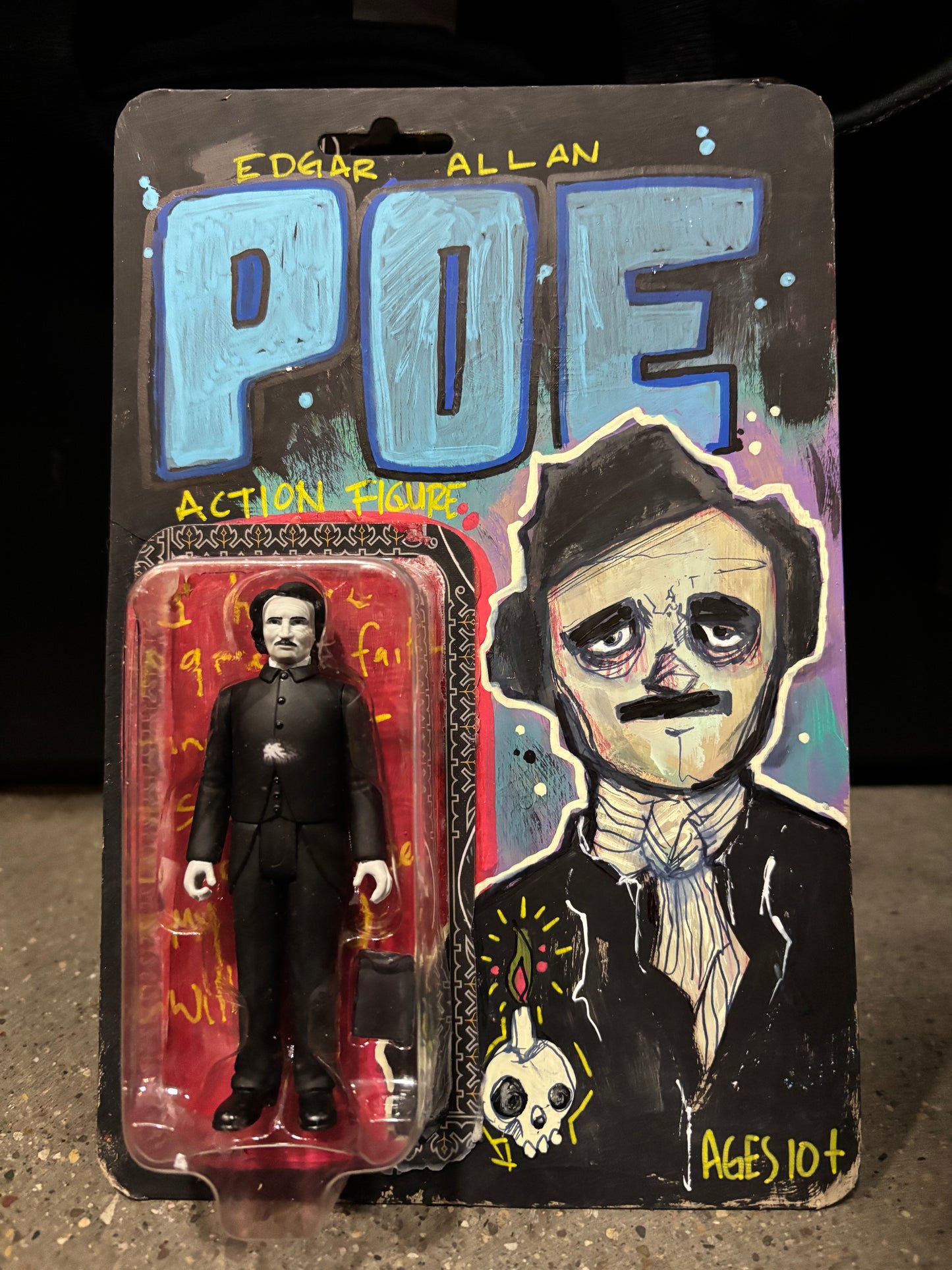 Hand painted Edgar Allen Poe action figure card. Blue
